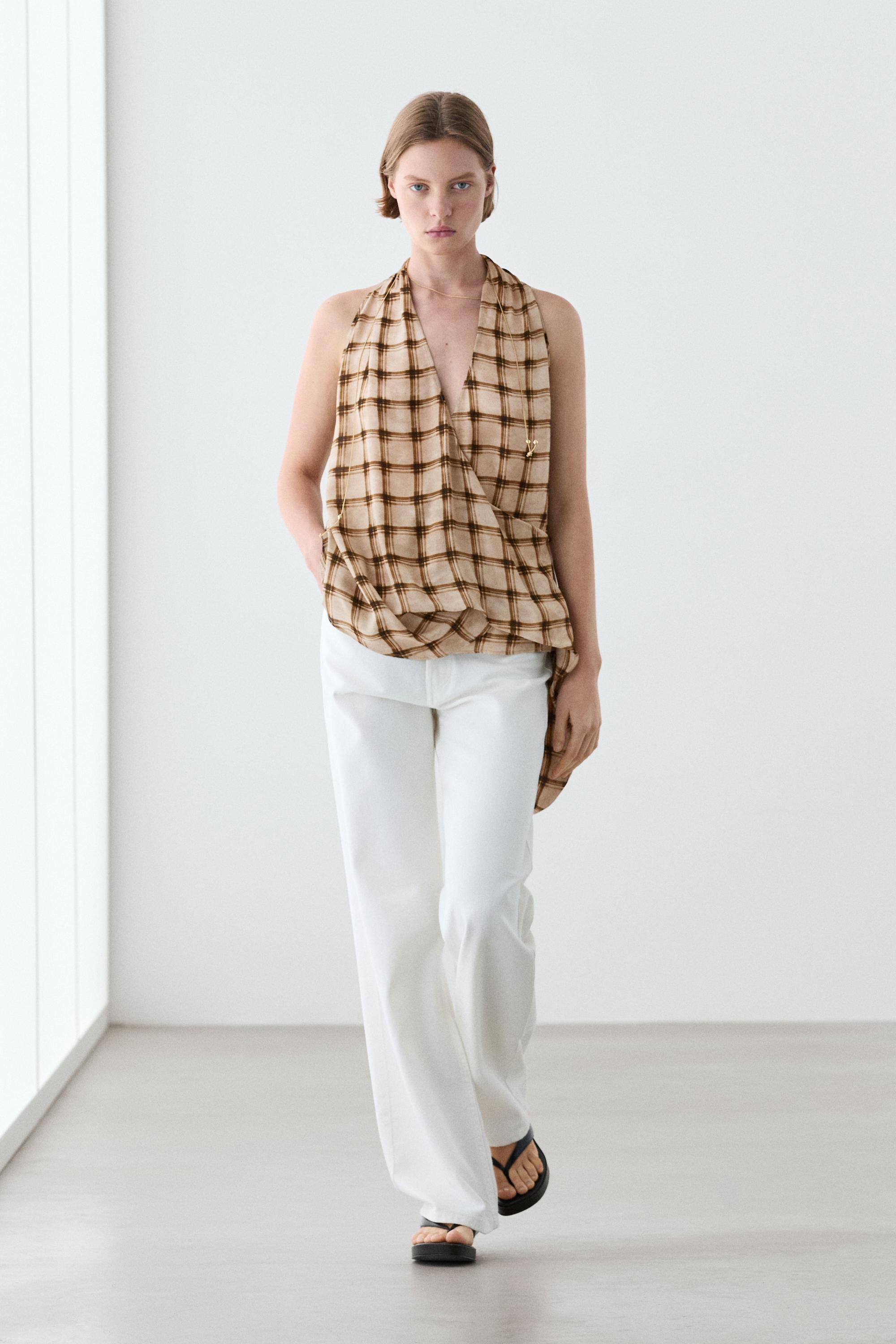 Flowing check print surplice top